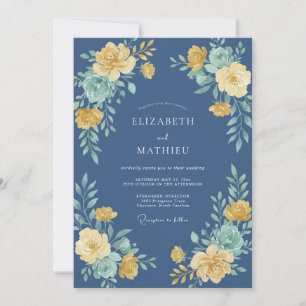 Invitation Mariage Élégant Vintage Bleu Nuit