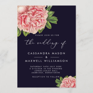 Invitation Mariage Élégant Vintage Bleu Nuit & Pivoine Rose