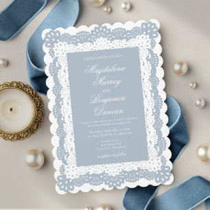 Invitation Mariage élégant vintage bleu poussiéreux dentelle