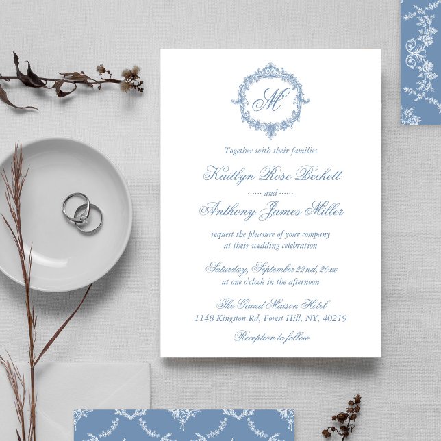 Invitation Mariage Élégant Vintage Bleu Toile Monogramme (Créateur téléchargé)
