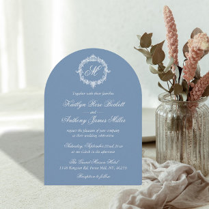 Invitation Mariage Élégant Vintage Bleu Toile Monogramme