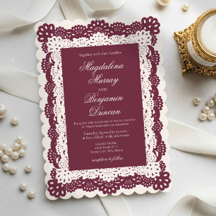 Invitation Mariage élégant vintage burgundy ivoire crème dent