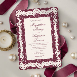 Invitation Mariage élégant vintage burgundy ivoire crème dent