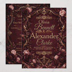 Invitation Mariage élégant vintage burgundy or floral gold