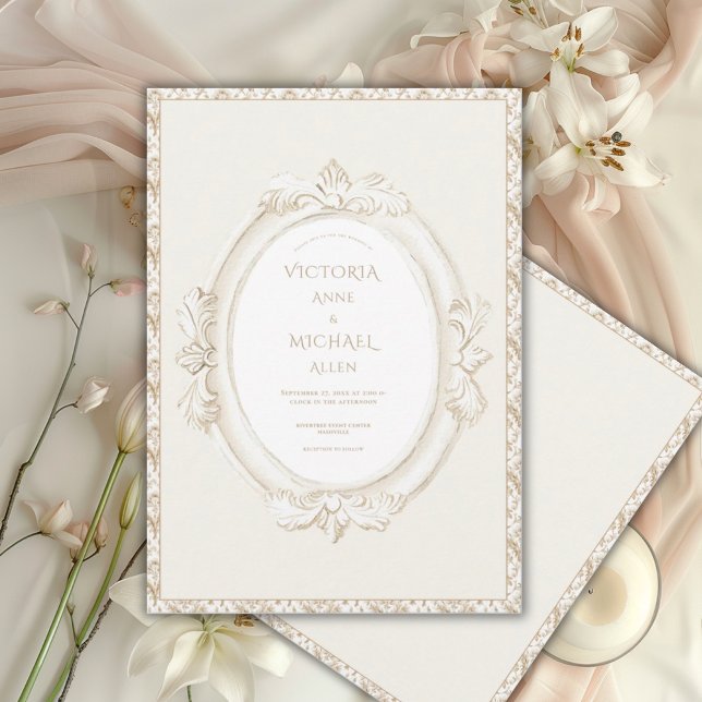 Invitation Mariage Élégant Vintage Damassé Neutre (Créateur téléchargé)