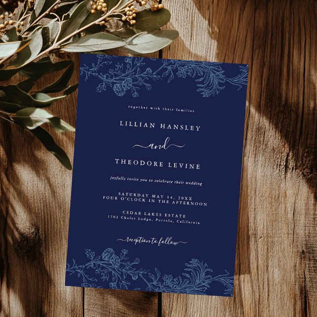 Invitation Mariage Élégant Vintage Fleur de Feuille de Marine (Créateur téléchargé)