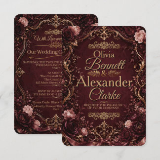 Invitation Mariage élégant vintage floral bordeaux or