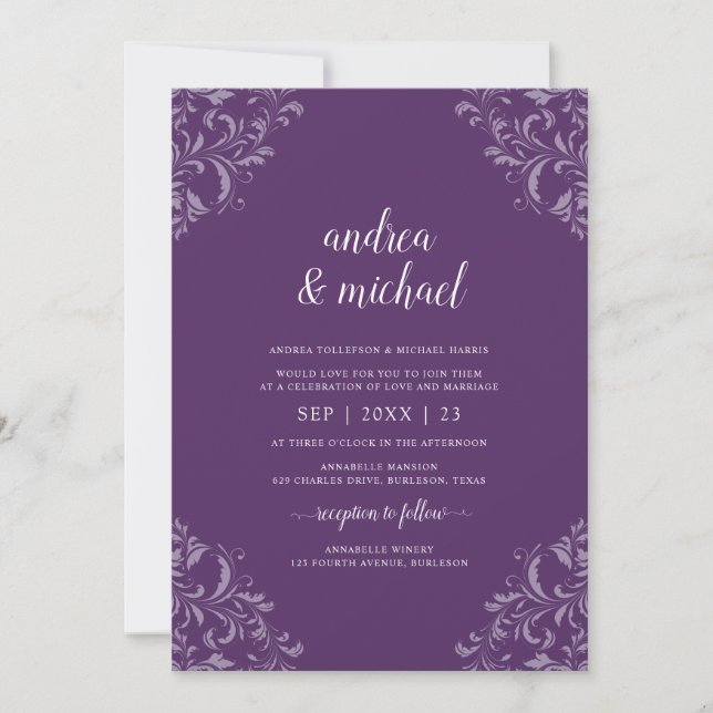 Invitation Mariage Élégant Vintage Prune / Luxe Violet (Devant)