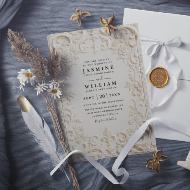 Invitation Mariage élégant vintage relief baroque code QR (Créateur téléchargé)
