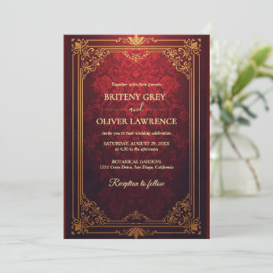 Invitation Mariage Élégant Vintage Rouge Bourgogne et Or