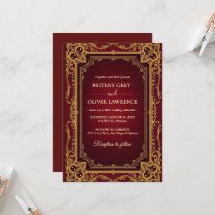 Invitation Mariage Élégant Vintage Rouge Bourgogne et Or