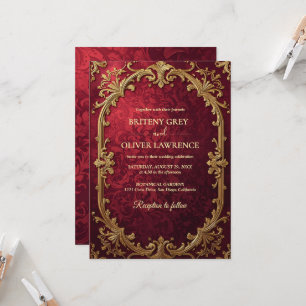 Invitation Mariage Élégant Vintage Rouge Bourgogne et Or
