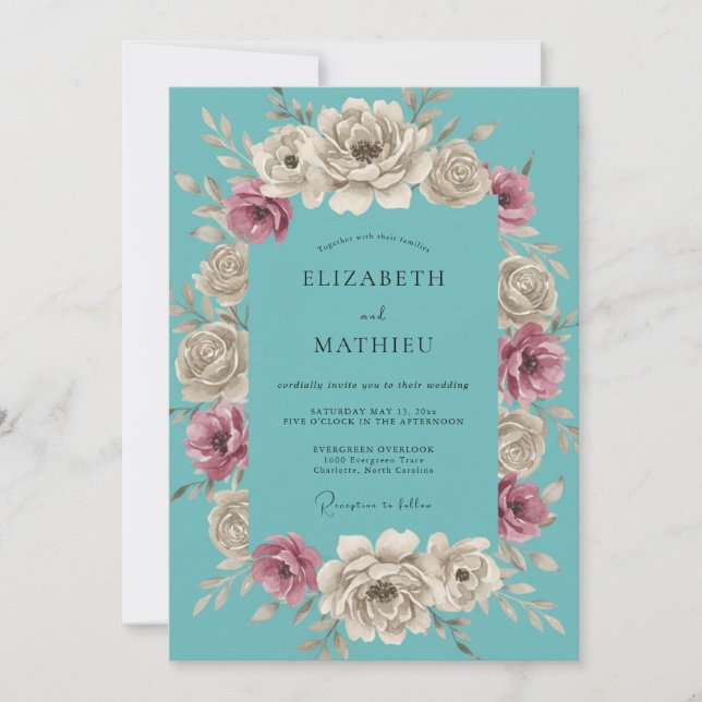 Invitation Mariage Élégant Vintage Sarcelle (Devant)