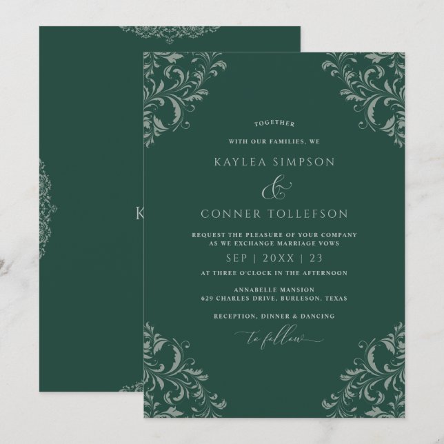 Invitation Mariage Élégant Vintage Vert Émeraude (Devant / Derrière)