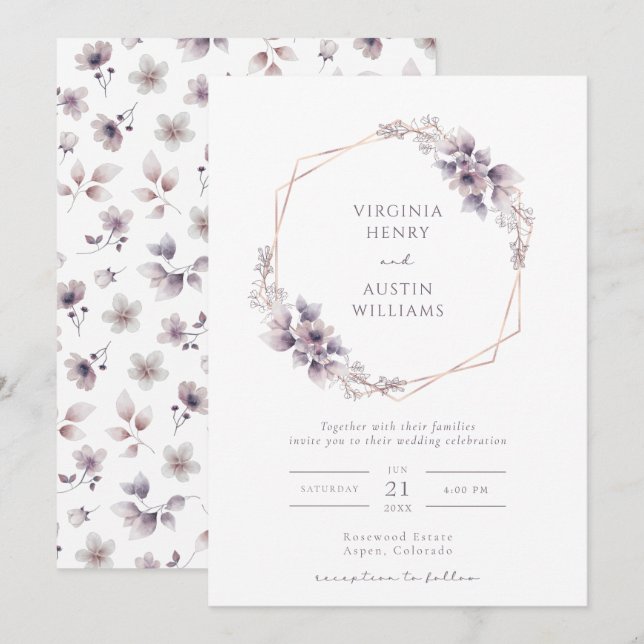 Invitation Mariage Élégant Violet (Devant / Derrière)