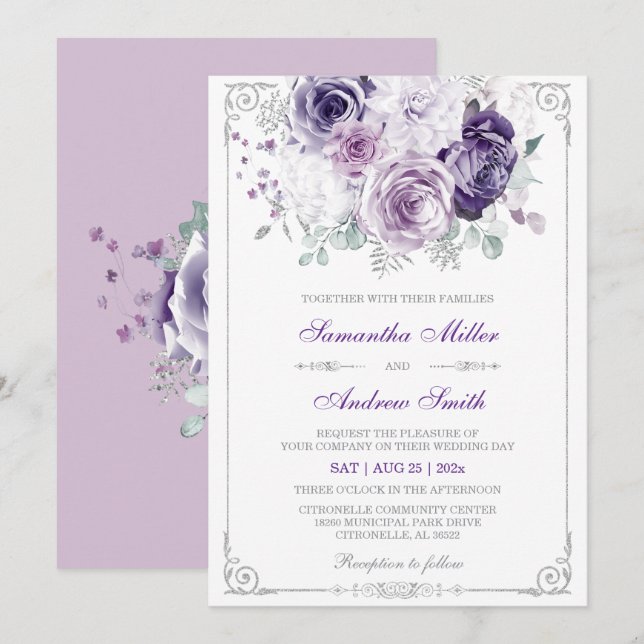 Invitation Mariage Élégant Violet et Argent (Devant / Derrière)