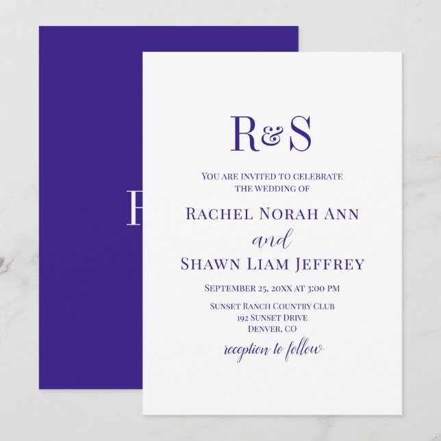 Invitation Mariage Élégant Violet Foncé Moderne Monogramme (Devant / Derrière)