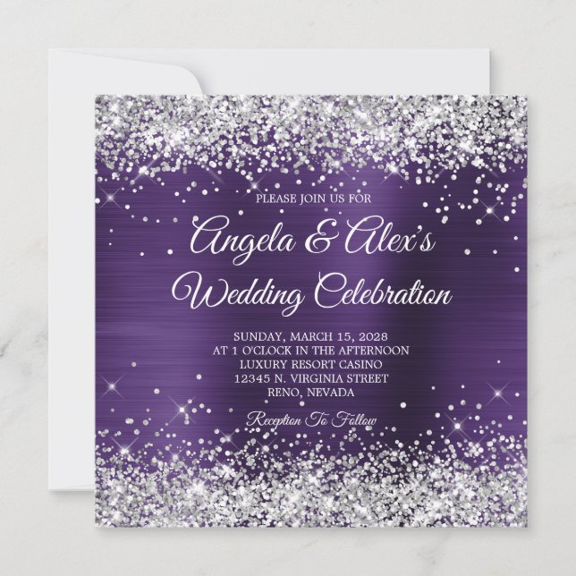 Invitation Mariage élégant violet foncé paillettes argentées (Devant)
