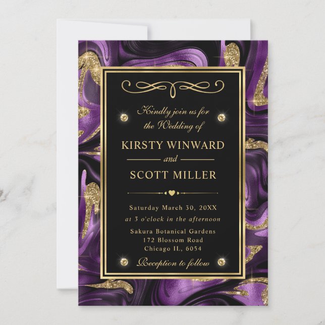 Invitation Mariage élégant violet fondu et doré pailleté (Devant)