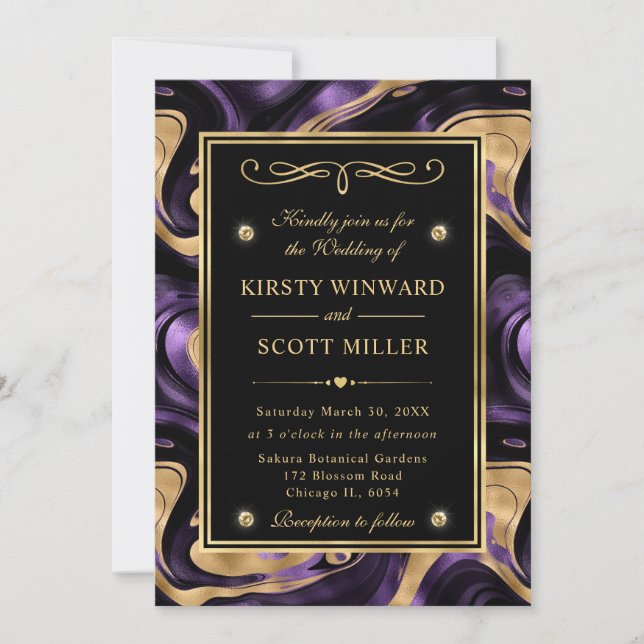 Invitation Mariage élégant violet fondu et feuille d'or (Devant)