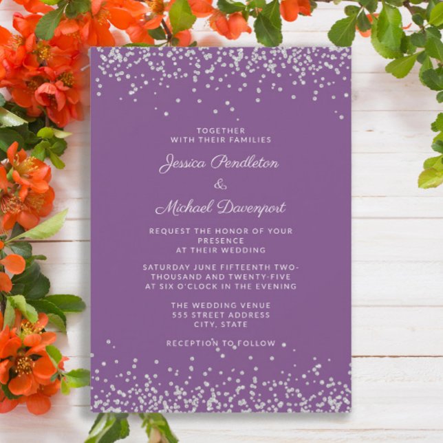 Invitation Mariage élégant violet paillettes argentées  (Purple wedding invitation with silver glitter )