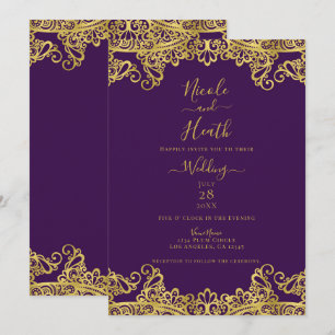 Invitation Mariage Élégant Violet Royal et Dentelle Dorée