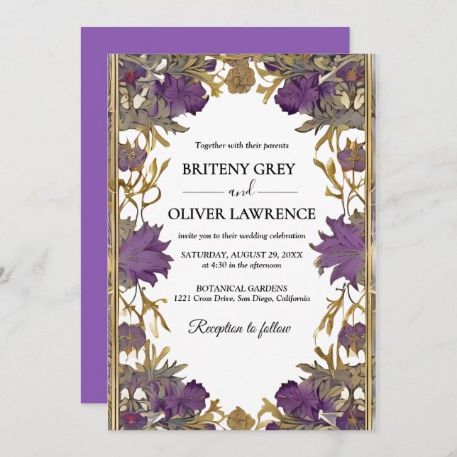 Invitation Mariage élégant violet vintage William Morris (Devant / Derrière)