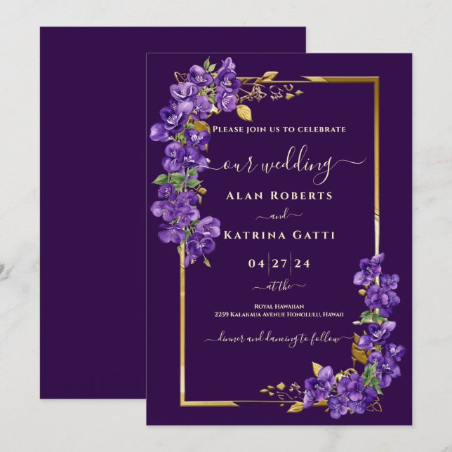 Invitation Mariage Élégant Violettes Foncées (Devant / Derrière)