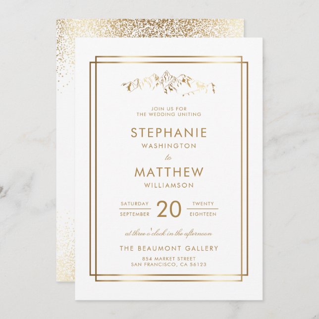 Invitation Mariage élégant White & Gold Mountain (Devant / Derrière)