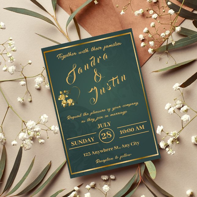 Invitation mariage élégante en or vert foncé (Créateur téléchargé)