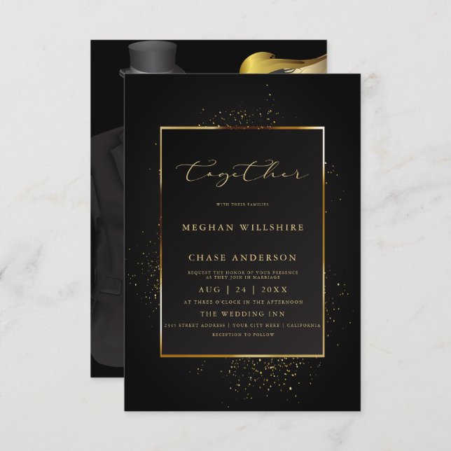 Invitation MARIAGE | Elégante Parties scintillant noire et or (Devant / Derrière)