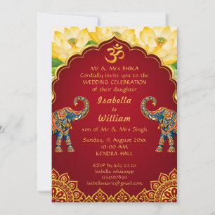 Invitation Mariage éléphant indien Lotus Or