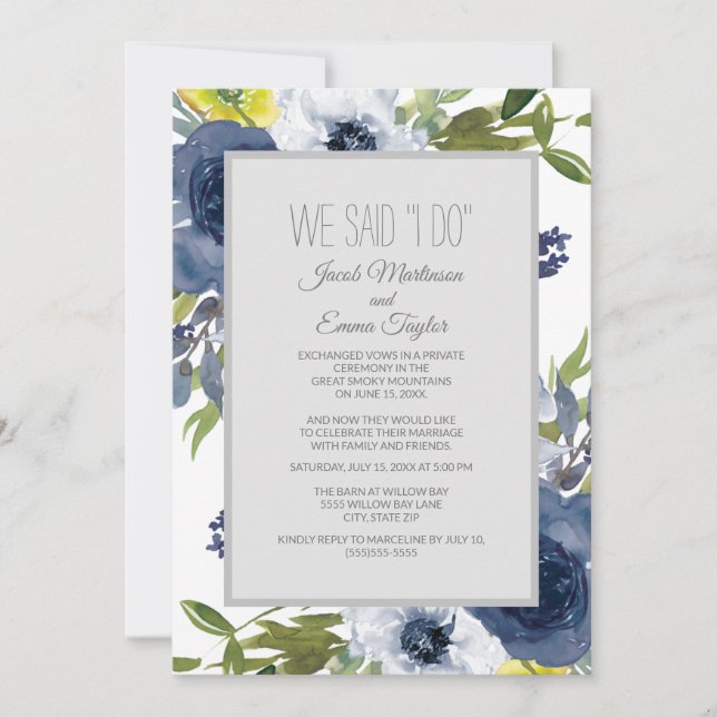 Invitation Mariage Elopement Bleu Nuit Blanc Jaune Floral (Devant)