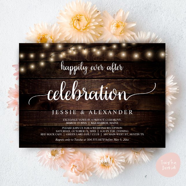 Invitation Mariage Elopement, Heureusement Jamais Après Céléb (Wedding Elopement, Happily Ever After Celebration Invitation Card, PDF, String Lights, Dark Wood)