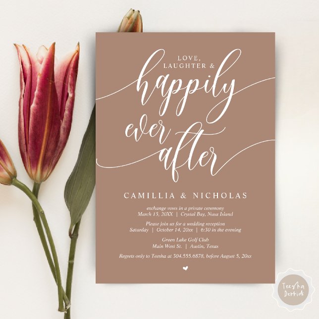 Invitation Mariage Elopement, Heureusement Jamais Après Fête  (Wedding Elopement, To Love Laughter and Happily Ever After Party Invitation Card, PDF, Taupe)