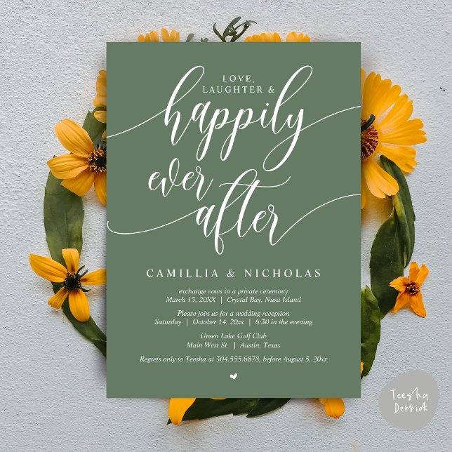 Invitation Mariage Elopement, Heureusement Jamais Après Fête  (Wedding Elopement, To Love Laughter and Happily Ever After Party Invitation Card, PDF, Sage Green)