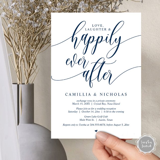 Invitation Mariage Elopement, Heureusement Jamais Après Fête  (Wedding Elopement, Happily Ever After Party Invitation Card, PDF, Navy Blue)
