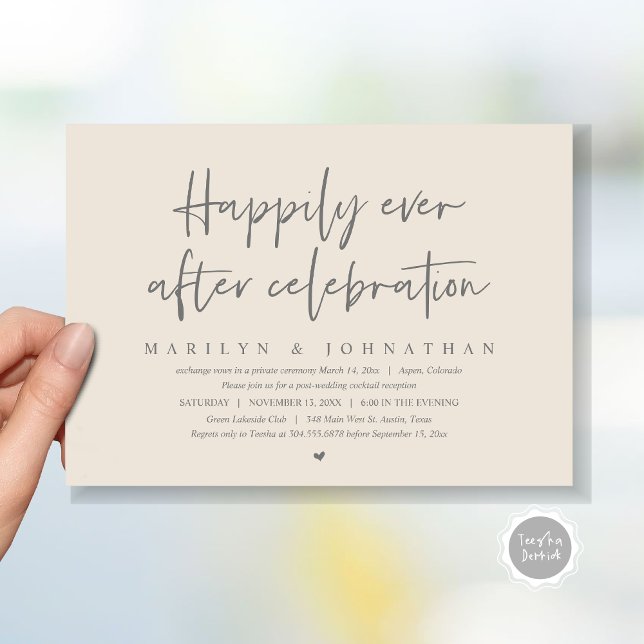 Invitation Mariage Elopement, Heureusement toujours après la  (Wedding Elopement, Happily Ever after Celebration Invitation Card, Printed, File, in grey and cream)