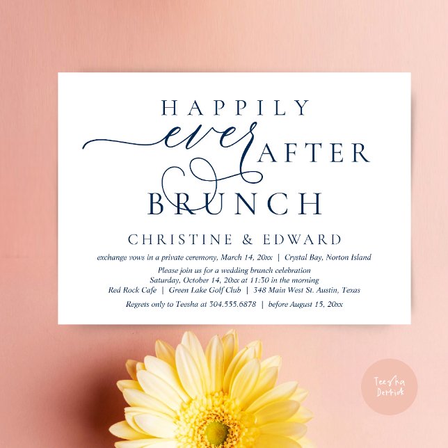 Invitation Mariage Elopement, Heureux Jamais Après Brunch (Modern Classy Wedding Elopement, Happily Ever After Brunch Invitation Card, PDF, in Navy Blue)