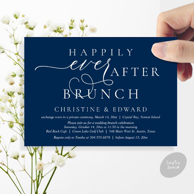 Invitation Mariage Elopement, Heureux Jamais Après Brunch (Modern Classy Wedding Elopement, Happily Ever After Brunch Invitation Card, PDF, in Navy Blue)