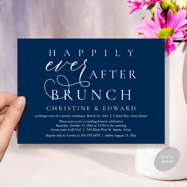 Invitation Mariage Elopement, Heureux Jamais Après Brunch (Modern Classy Wedding Elopement, Happily Ever After Brunch Invitation Card, PDF, in Navy Blue)