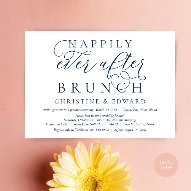 Invitation Mariage Elopement, Heureux Jamais Après Brunch (Modern Classy Wedding Elopement, Happily Ever After Brunch Invitation Card, PDF, in Navy Blue)