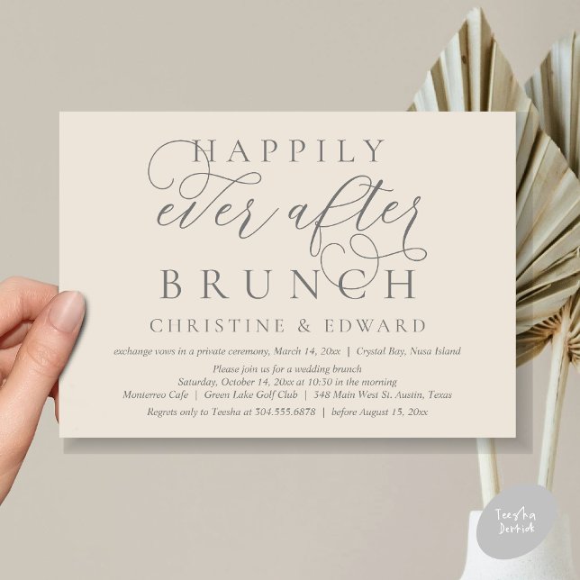 Invitation Mariage Elopement, Heureux Jamais Après Brunch (Modern Classy Wedding Elopement, Happily Ever After Brunch Invitation Card, PDF, in Cream Grey)