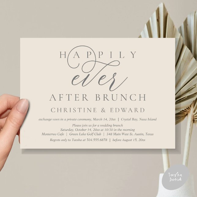 Invitation Mariage Elopement, Heureux Jamais Après Brunch (Modern Classy Wedding Elopement, Happily Ever After Brunch Invitation Card, PDF, in Dark Grey Cream)
