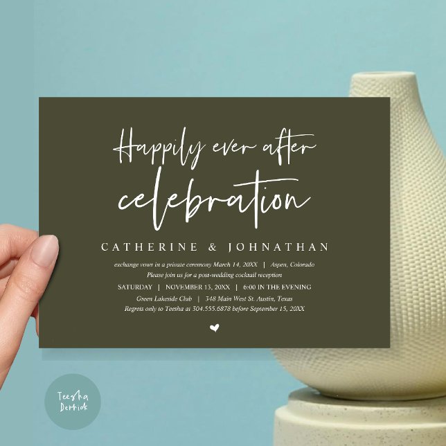 Invitation Mariage Elopement, Joyeux Jour après la célébratio (Wedding Elopement Dinner, Happily Ever after celebration Invitation Card, PDF, in Olive Green)