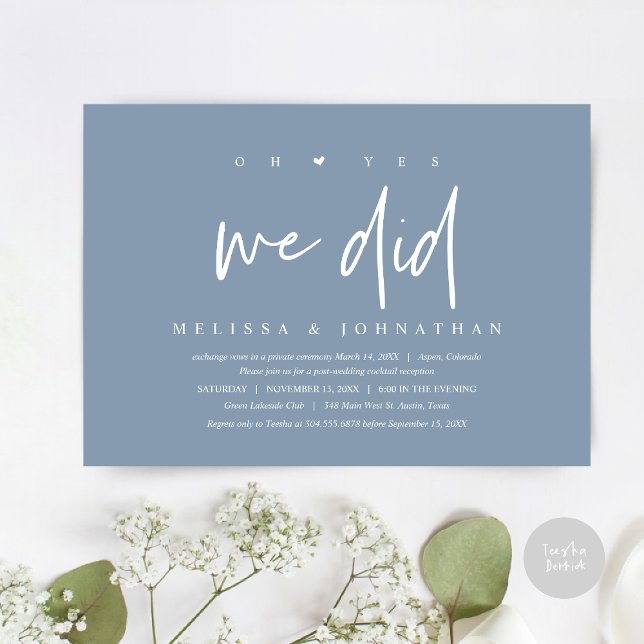 Invitation Mariage Elopement, oh oui, nous l'avons fait (Oh yes we did, Modern Wedding Elopement Dinner Party Invitation Card, PDF, Dusty Blue)