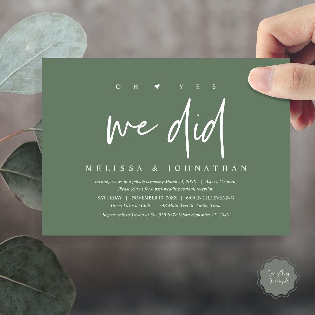Invitation Mariage Elopement, oh oui, nous l'avons fait (Oh yes we did, Modern Wedding Elopement Dinner Party Invitation Card, PDF, Forest Sage Green)