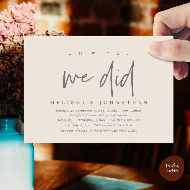 Invitation Mariage Elopement, oh oui, nous l'avons fait (Oh yes we did, Modern Wedding Elopement Dinner Party Invitation Card, PDF, Cream Grey)