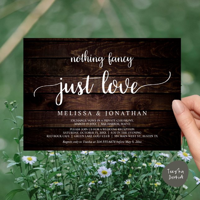 Invitation Mariage Elopement, Rien De Fancy Just Love Diner (Wedding Elopement, Nothing Fancy Just Love Dinner Invitation Card, PDF, Rustic Cottage Brown Wood)