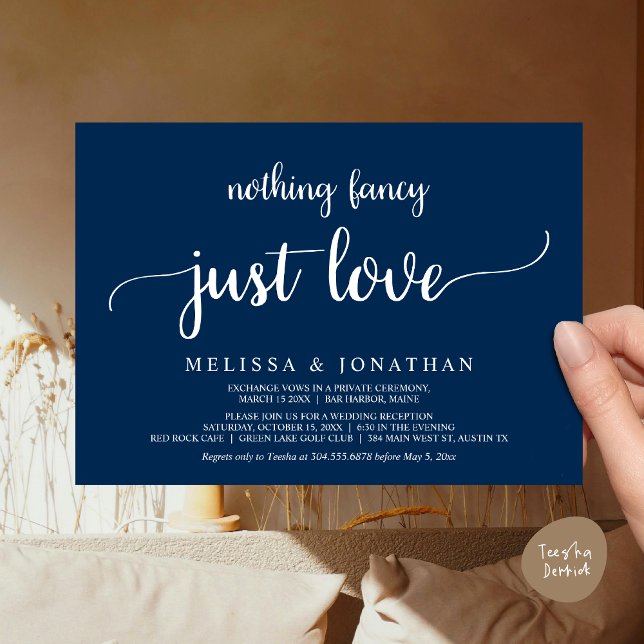 Invitation Mariage Elopement, Rien De Fancy Just Love Diner (Wedding Elopement, Nothing Fancy Just Love Dinner Invitation Card, PDF, Rustic Cottage Navy Blue)